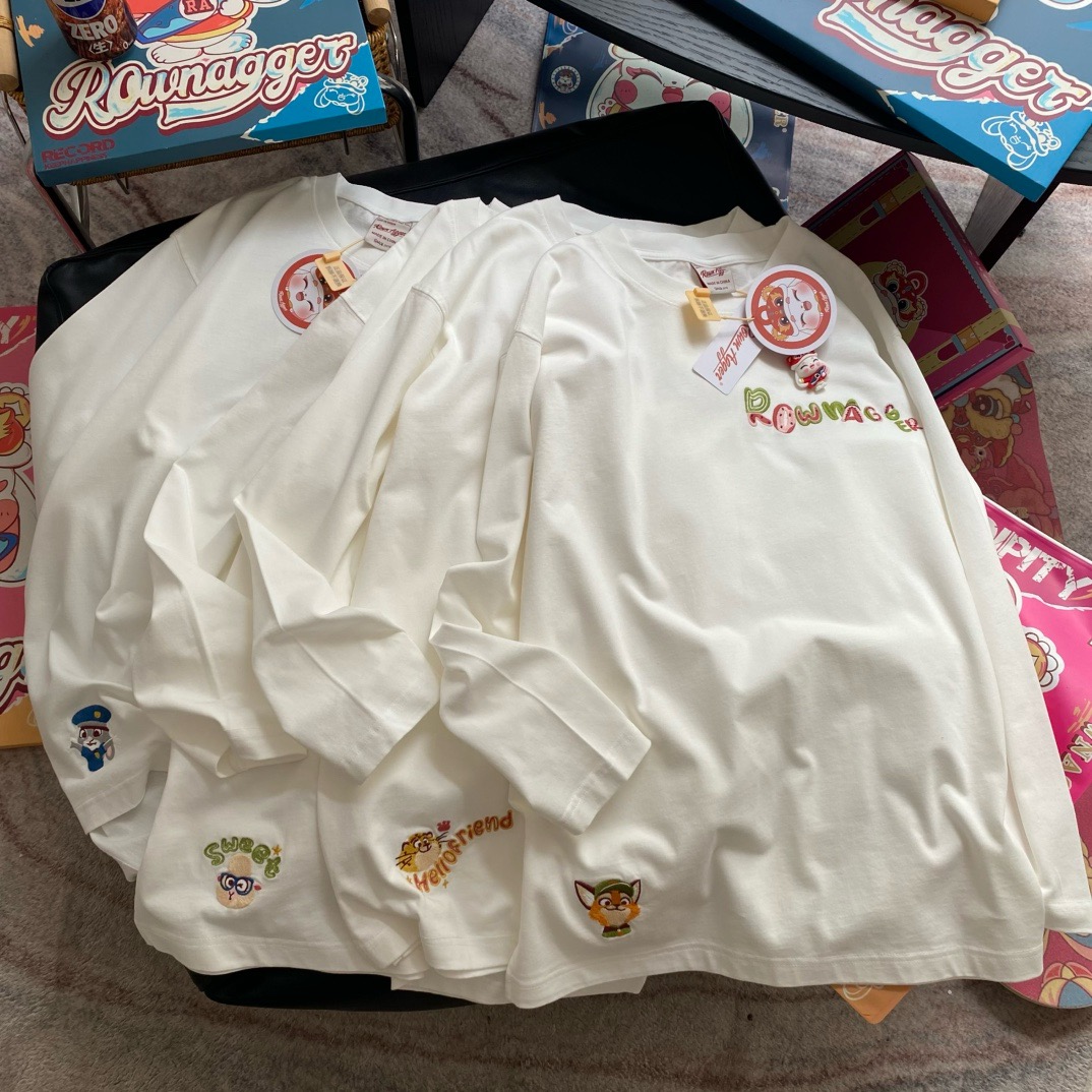 内搭单穿都okROWNAGGER纸袋家纯棉长袖白色T恤刺绣宽松百搭叠穿潮