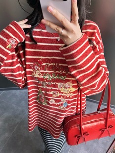 圣诞红色星星人Pandawarks熊猫纸袋家冬季250g兔毛绒条纹长袖T恤