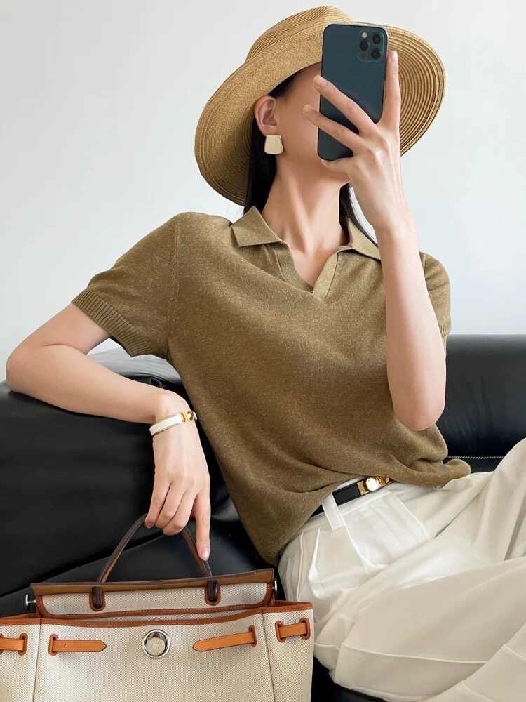 26夏春秋背心Polo衫天丝亚麻针织衫套头短袖女体恤半袖翻领上衣