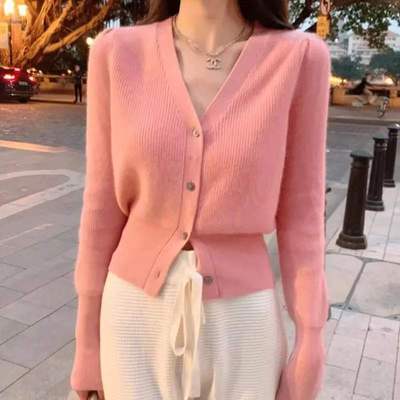 2023秋冬新款小众马海毛针织开衫女韩版修身百搭软糯系v领上衣厚