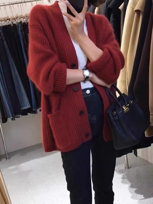 24春秋冬款红色针织开衫女中长款100纯羊毛衫v领宽松加厚毛衣外套