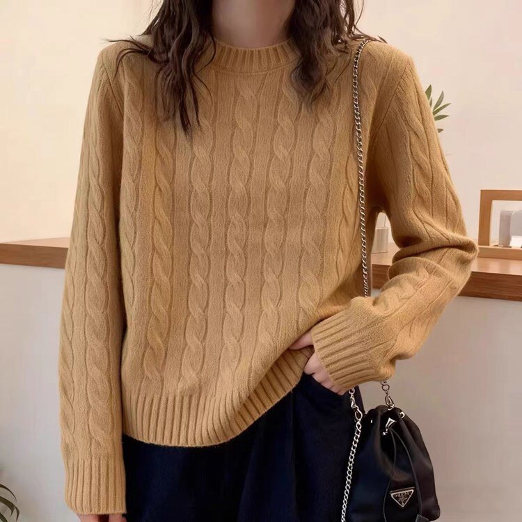 26春秋冬100纯羊毛衫女圆领针织毛衣打底衫麻花上衣套头长袖
