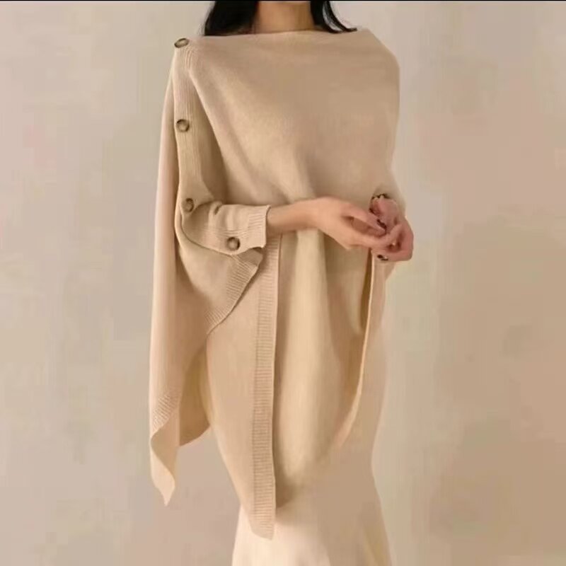 26春秋冬披肩圆领套头毛衣女针织衫加厚斗篷外套系扣100纯羊毛衫