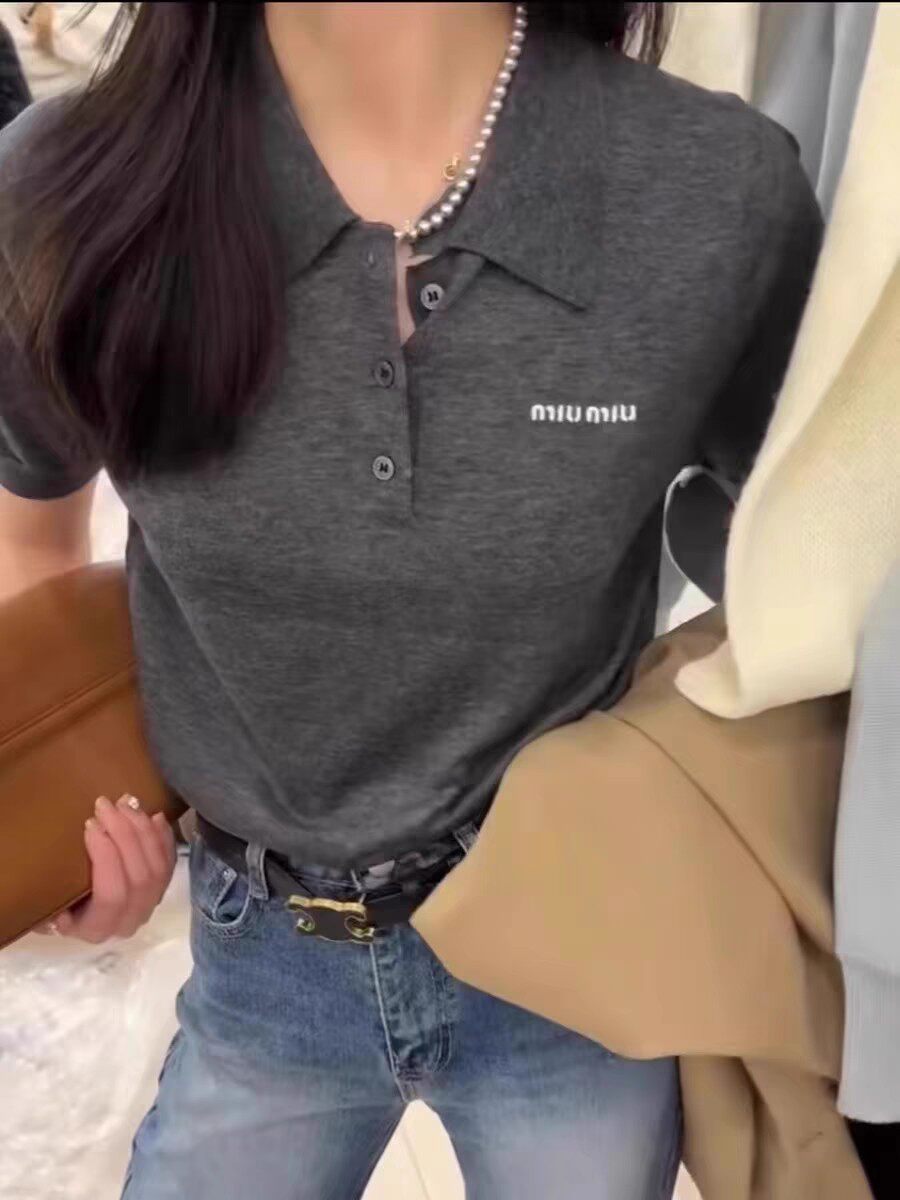 精品胸前字母图案背心短袖翻领POLO上衣丝毛羊绒精纺薄针织打底衫