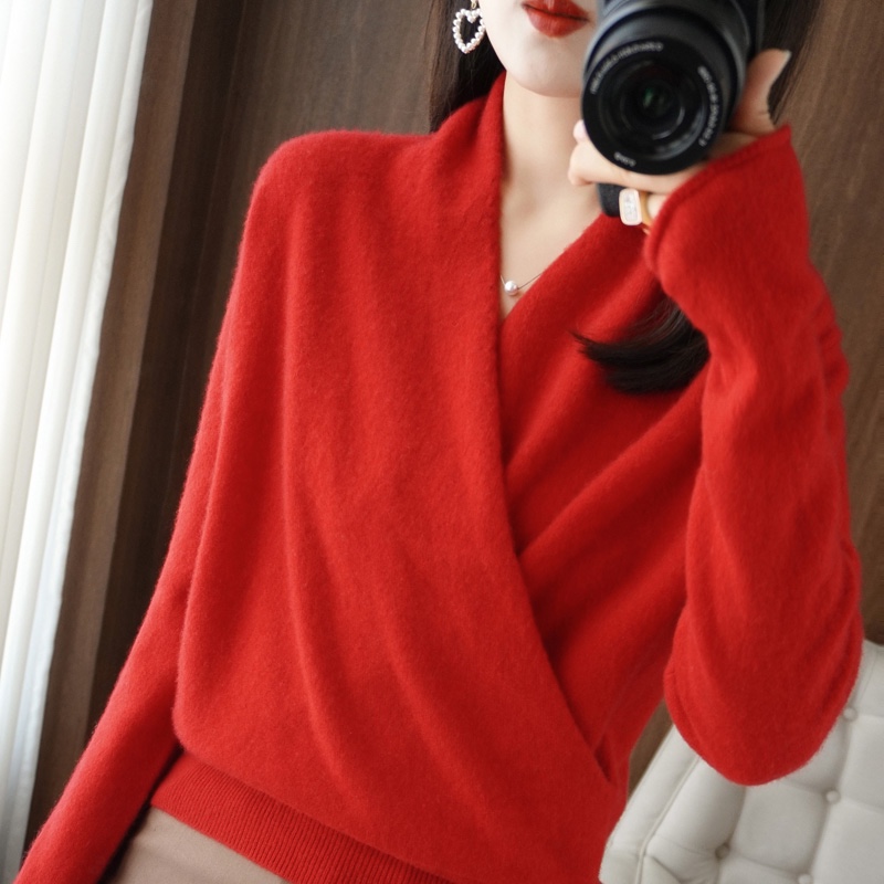 100纯羊毛衫交叉长袖羊绒衫春秋冬款显瘦收腰百搭v领裹式针织毛衣