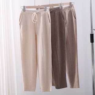 2025春秋冬带兜100纯羊毛裤外穿加厚保暖显瘦奶奶裤萝卜裤针织裤