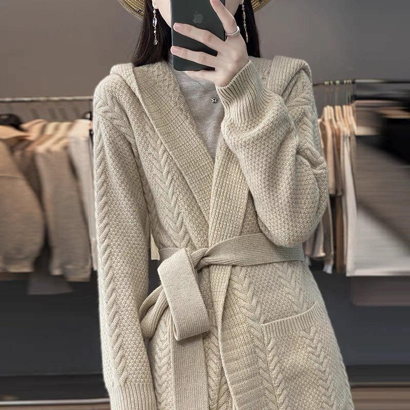 慵懒风羊绒衫外套女中长款麻花连帽外搭毛衣宽松加厚羊毛针织开衫