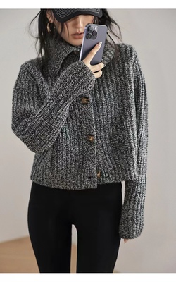 法式短款加厚翻领羊绒针织开衫女秋冬小个子毛衣外套100纯羊毛衫