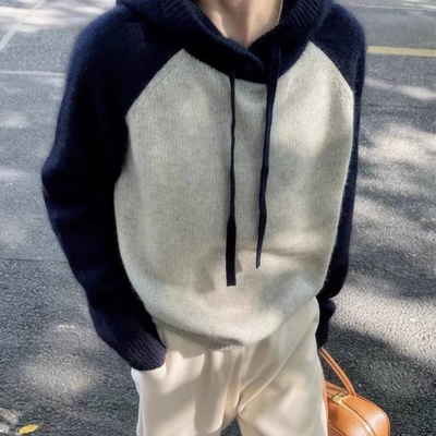 重磅连帽羊绒衫女100纯羊毛带帽拼色宽松软糯毛衣针织衫带帽卫衣