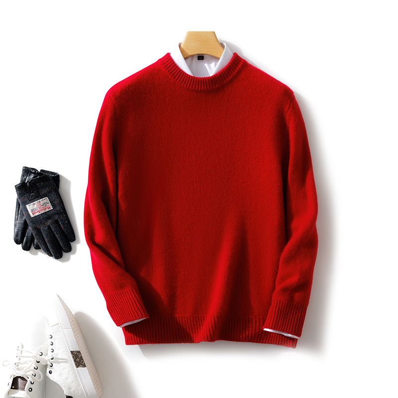 冬季双股加厚纯色羊绒衫男圆领毛衣宽松套头青年打底针织羊毛衫潮