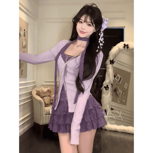 纯欲风辣妹紫色假两件针织衫女春秋气质显瘦短款蛋糕半身裙子套装