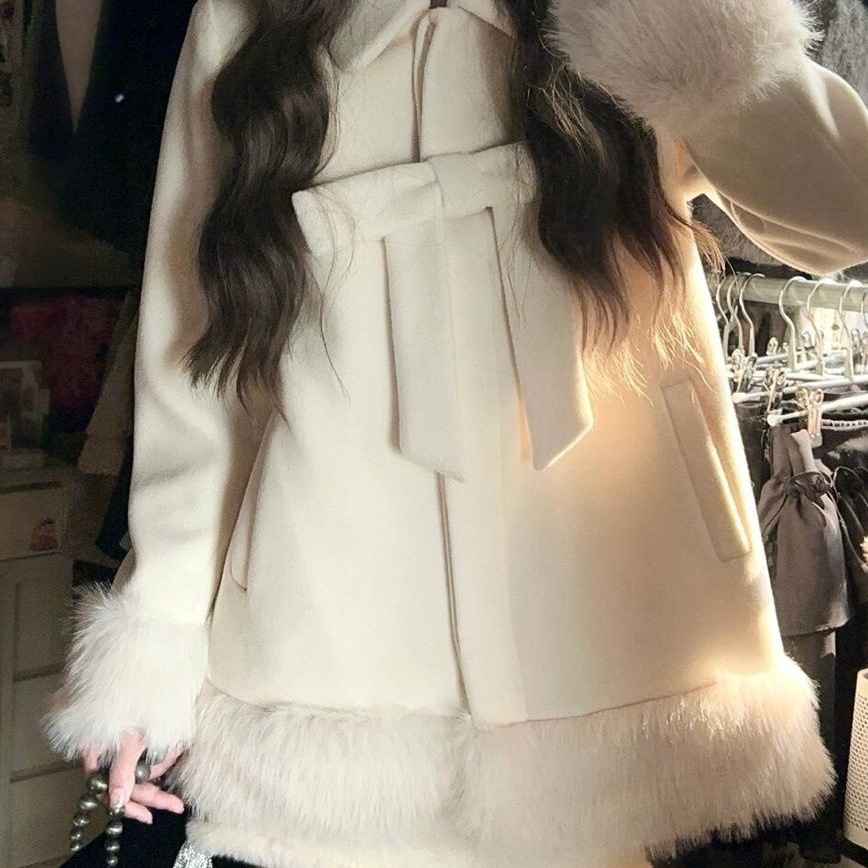 富家千金蝴蝶结毛呢外套高腰显瘦短裙子2025冬季新款小香风套装女