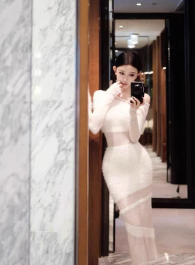JAYKY YANG月光手书一字肩羊毛连衣裙白色修身保暖套头针织裙