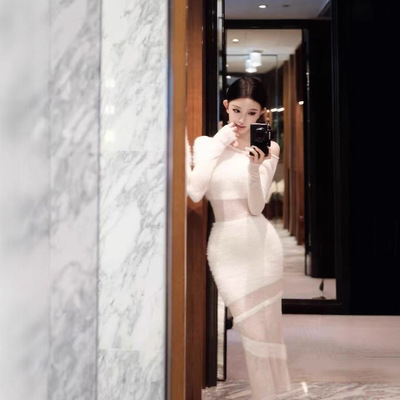 JAYKY YANG月光手书一字肩羊毛连衣裙白色修身保暖套头针织裙