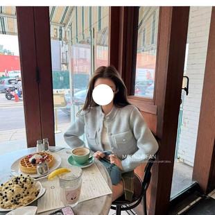 早安樊樊淡人圆领质感双口袋针织开衫厚实毛衣外套女韩系上衣