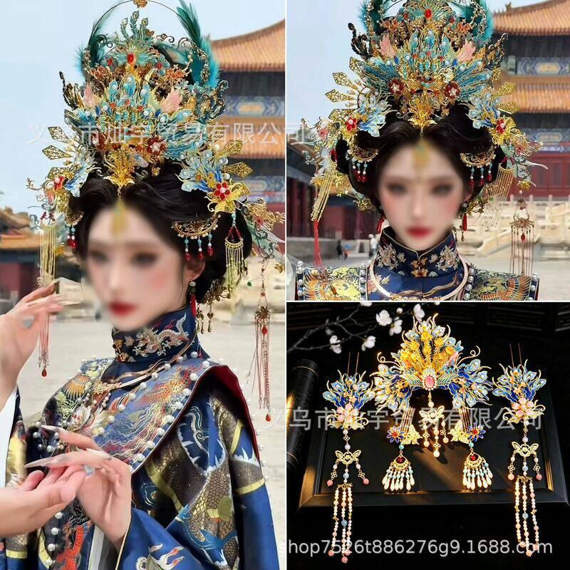 中式明制婚服古风凤凰非遗仿点翠重工婚嫁凤冠全套头饰红蓝凤凰冠