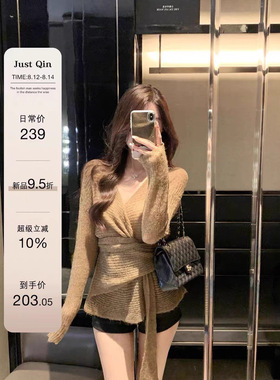JustQin 8/12日上焦糖漫秋装羊毛针织衫V领绑带毛衣女外套