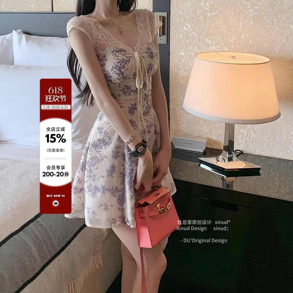 杜总家 紫藤缠心*原创法式女人味收腰度假碎花V领抽绳绑带连衣裙