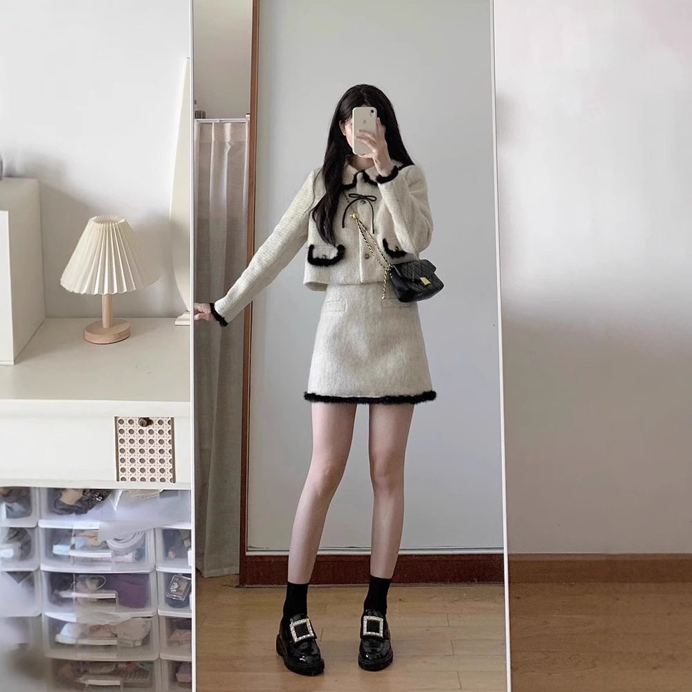 今年流行漂亮套装裙撞色毛呢外套半身裙两件套深冬装搭配一整套女