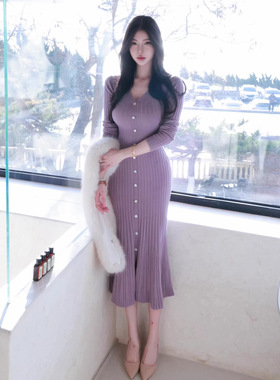 已到货 Fart Shop丁香情愫 羊毛V领针织鱼尾连衣裙秋冬圣诞包臀裙