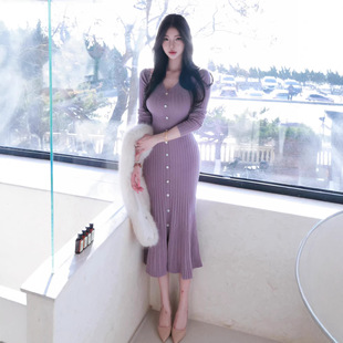 已到货 Fart Shop丁香情愫 羊毛V领针织鱼尾连衣裙秋冬圣诞包臀裙