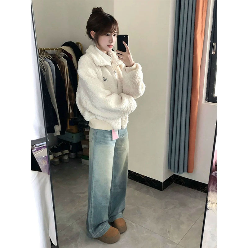 白色羊羔毛绒外套女秋冬2025新款韩系短款摇粒绒卫衣加厚加绒上衣