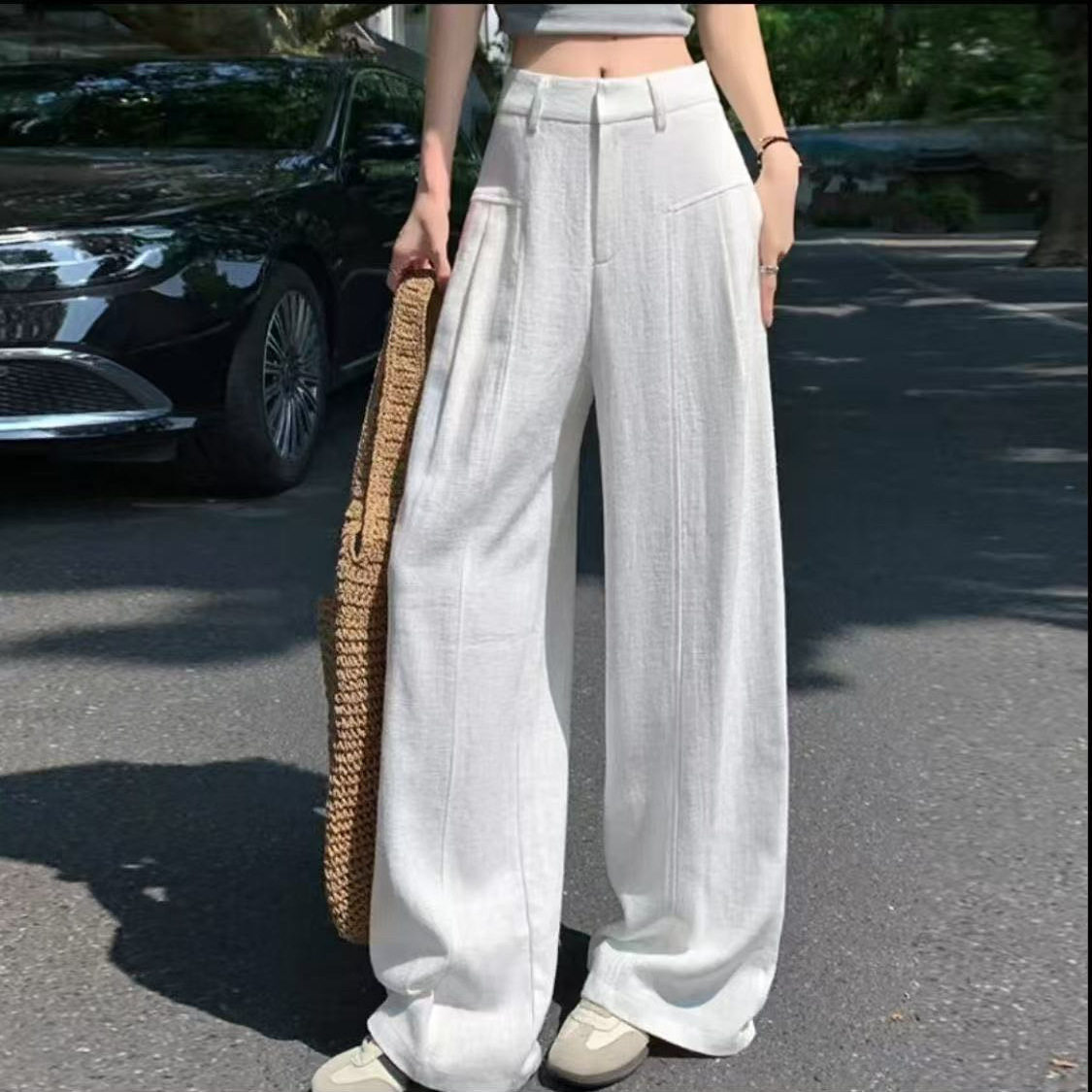 白色亚麻苎麻阔腿裤女夏季薄款高腰垂感老钱风西装直筒棉麻休闲裤