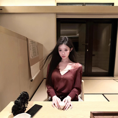 kubiliv微醺特调链条拼接v领蕾丝长袖衬衫纯欲性感雪纺上衣女