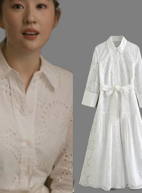 玫瑰的故事刘亦菲同款白色镂空刺绣迷笛衬衫式长款连衣裙