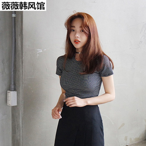 短款适中莱卡棉女泫雅风短袖条纹