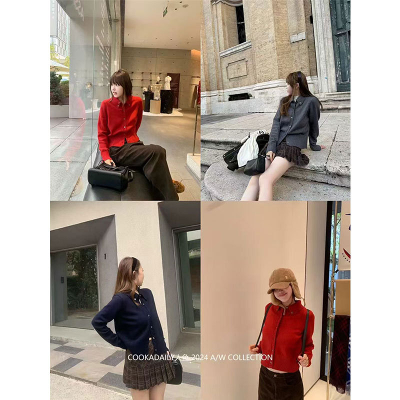 cookadaily人鱼秋冬高级感软糯针织翻领polo开衫女毛衣外套2025