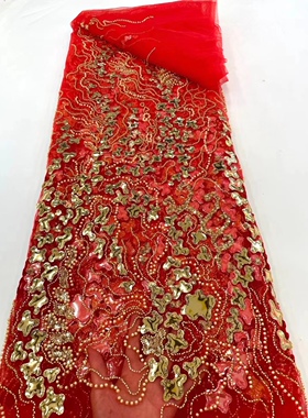 新款大红色蕾丝刺绣珠子星星亮片辅料连衣裙礼服面料舞台服装布料