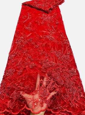 外贸出口大红色婚纱服装花边泡珠植物花朵面料蕾丝刺绣连衣裙布料