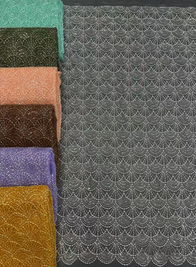 新款米珠亮片网纱蕾丝伞形花边连衣裙婚纱礼服装面料绿色布料外贸