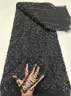 新款大红色织亮片蕾丝彩色珠手工刺绣面料礼服装婚纱演出布料辅料