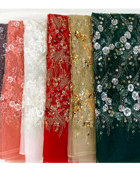 新款大红色立体亮片花朵刺绣珠子网纱少数民族连衣裙面料蕾丝布料