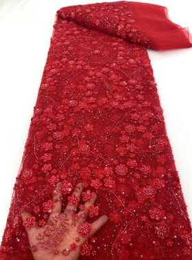 高档大红色小花朵珠子亮片民族风透明密度刺绣蕾丝布服装婚纱面料