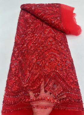 新款大红色砖石珠子方形亮片蕾丝花边布料礼服网纱舞台演出面料布