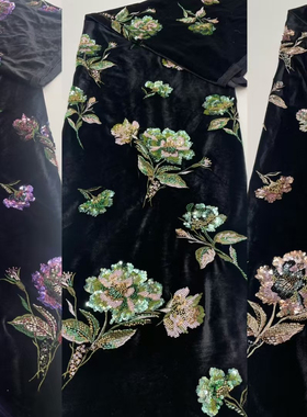 新网红绒布民族刺绣花边黑色亮片高档旗袍礼服装面料紫色珠子布料