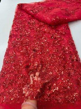 大红色刺绣红色网纱珠子亮片礼服连衣裙服装婚纱蕾丝布料面料花边