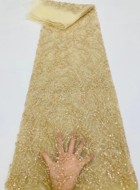 杏色新童装头纱色线绿色亮片布料绣花珠子蕾丝连衣裙婚纱服装面料