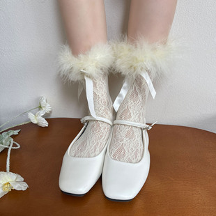 Sumyee千禧年y2k辣妹手缝羽毛花边渔网蕾丝薄款洛丽塔中筒堆堆袜