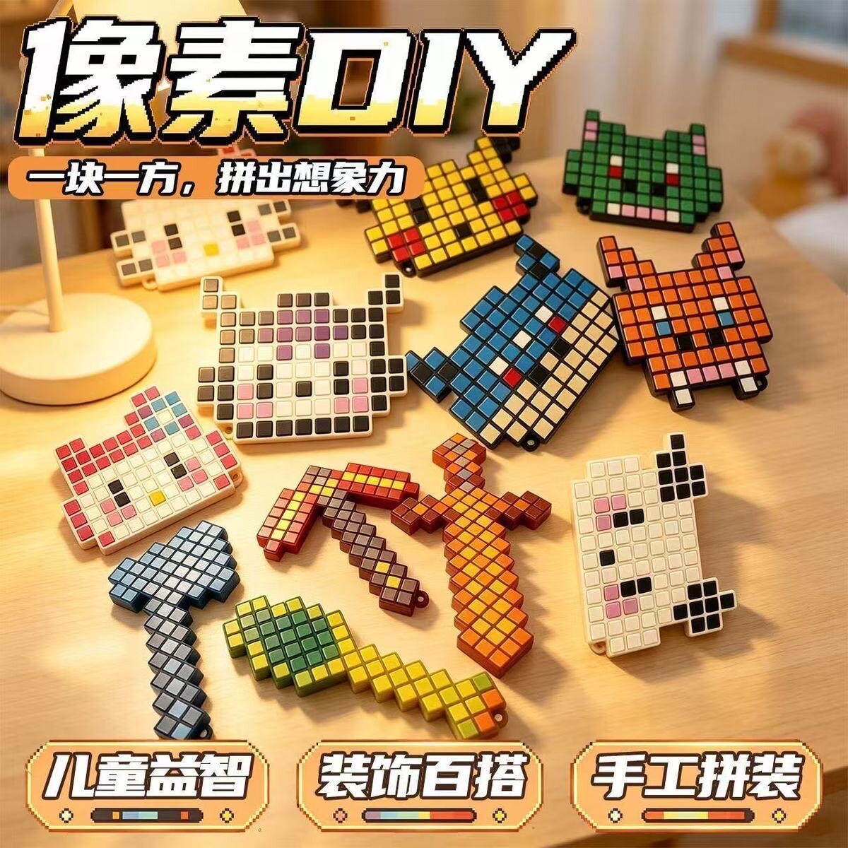 像素敲豆豆DIY解压玩具我的世界钻石剑镐斧手枪手工拼装挂件男孩