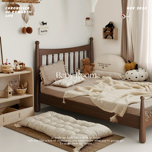 全实木儿童床男孩女孩1.2米单人床1.5米胡桃木复古温莎床中古风床