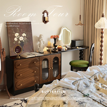 中古风实木梳妆台斗柜一体可伸缩法式复古转角化妆桌小户型床尾柜