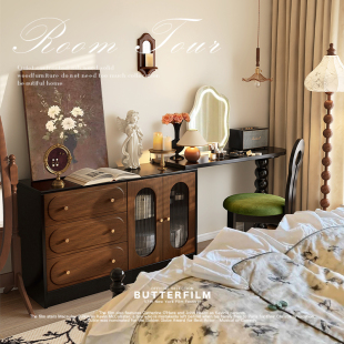 中古风实木梳妆台斗柜一体可伸缩法式复古转角化妆桌小户型床尾柜