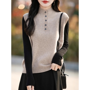100纯羊毛马甲女士设计感高领针织毛衣背心秋冬外搭套头坎肩无袖