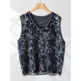 2025年秋冬新款100山羊绒V领针织马甲无袖水墨撞色拉绒坎肩上衣女