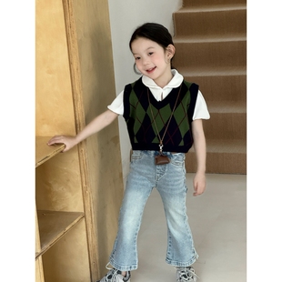 瑜瑜公主 女童复古菱格v领马甲针织背心女宝宝学院风短款毛线马甲