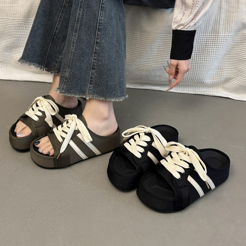 法式露趾拖鞋女外穿夏季女新款时尚交叉绑带厚底防滑休闲沙滩拖鞋